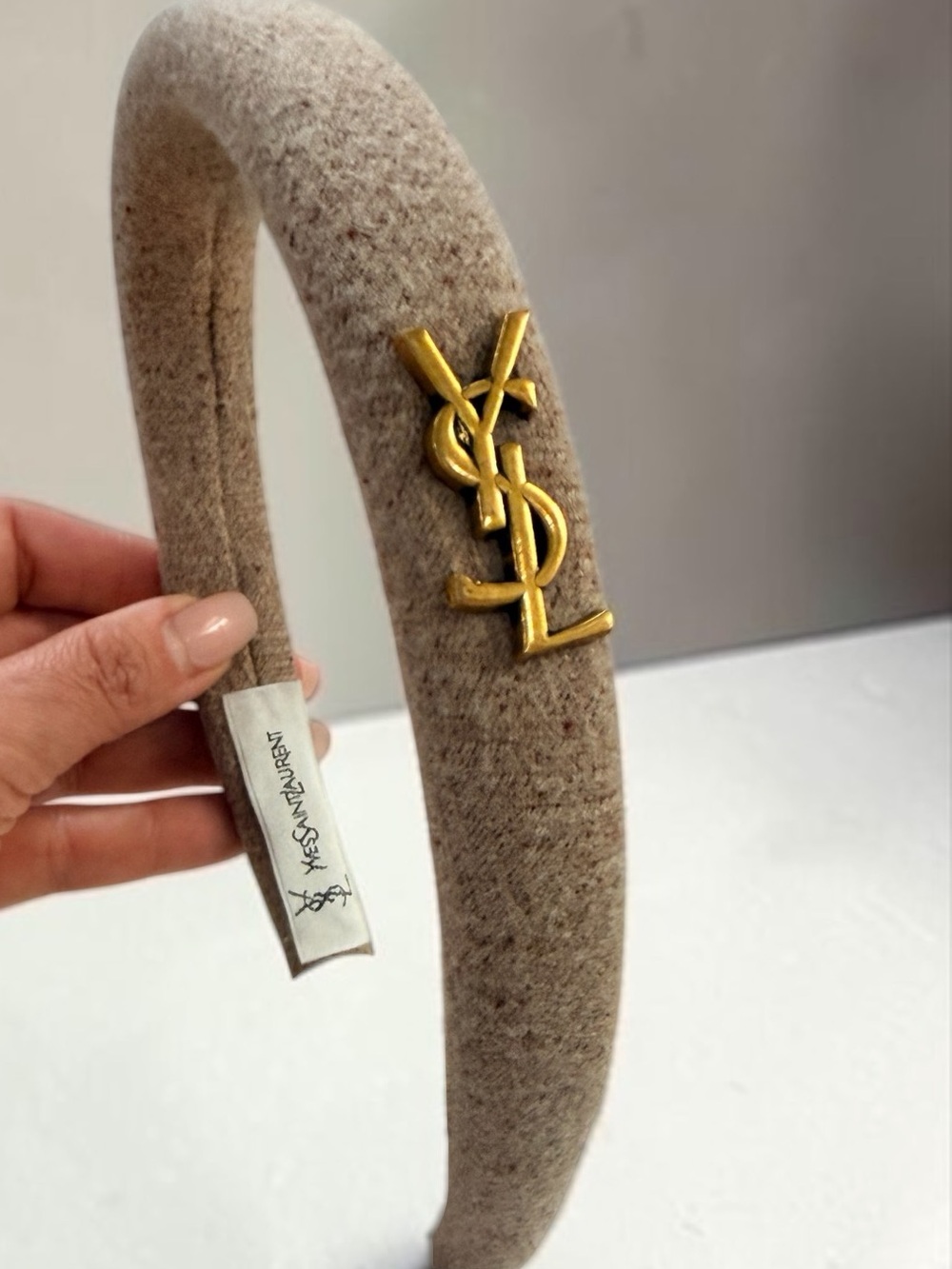 Neutral Beige Wool Padded Headband with Gold Logo Emblem - NEW